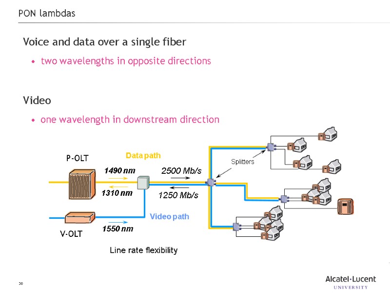 30 PON lambdas Voice and data over a single fiber two wavelengths in opposite
